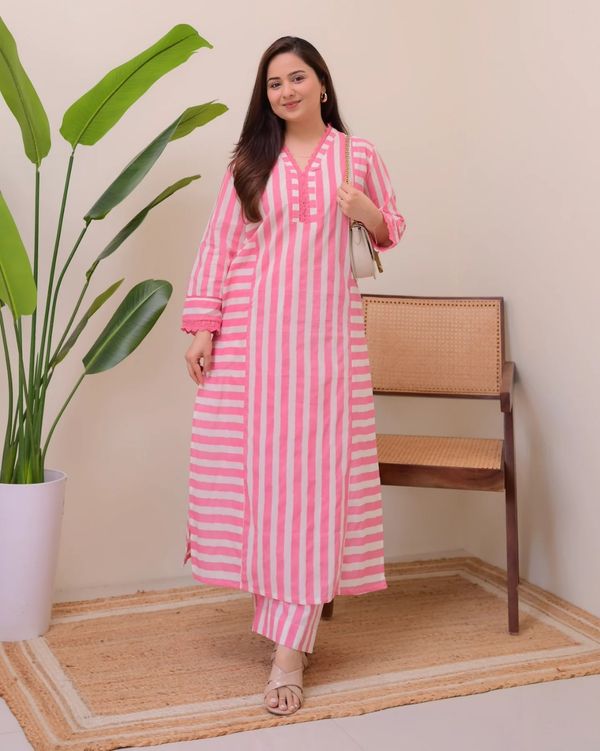 Striped Rayon Straight Kurta Palazzo Set for Women