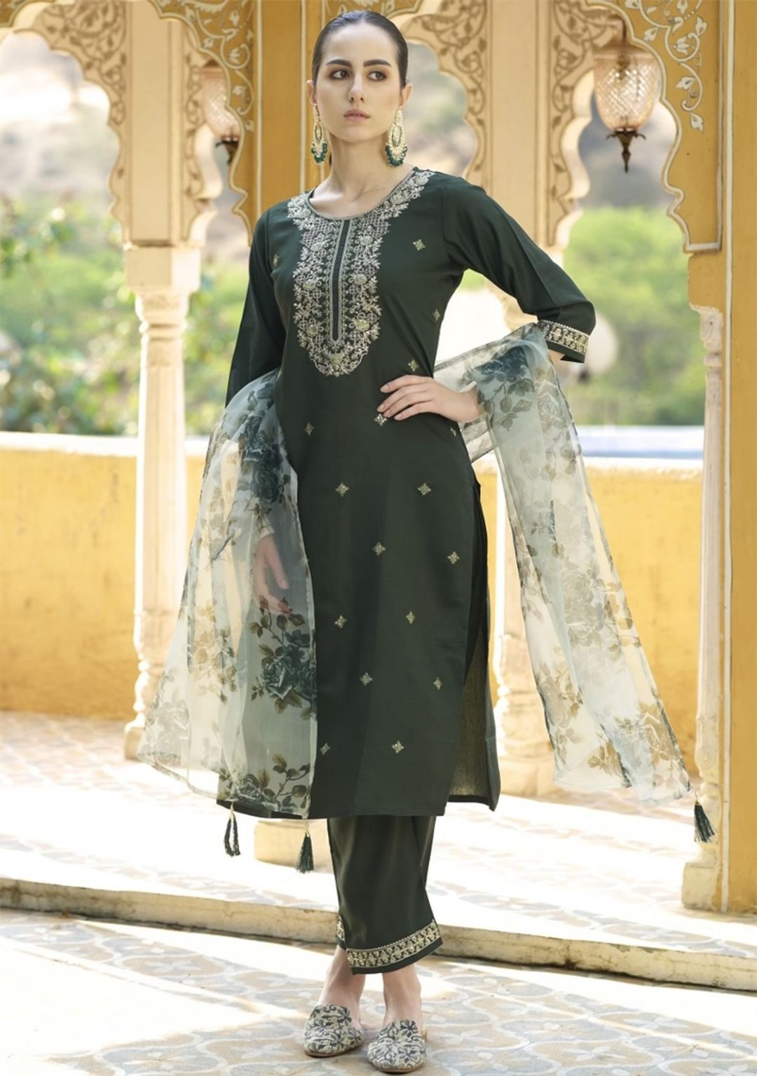 Green Embroidered Chanderi Cotton Kurta Set