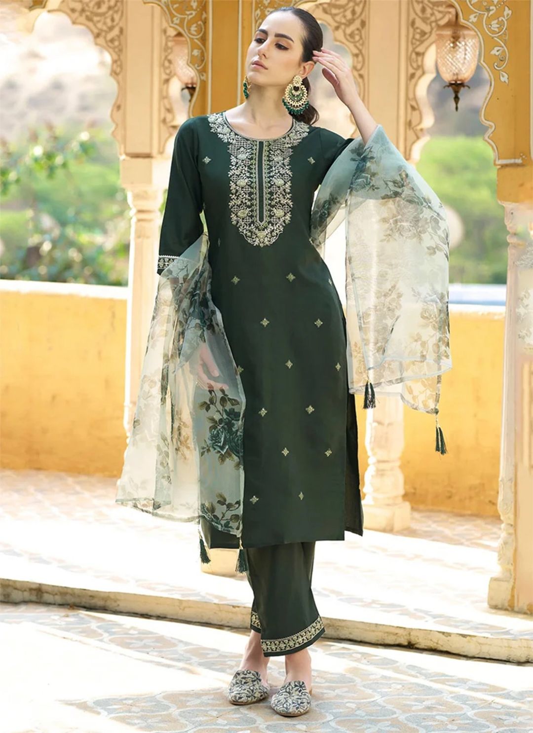 Green Embroidered Chanderi Cotton Kurta Set