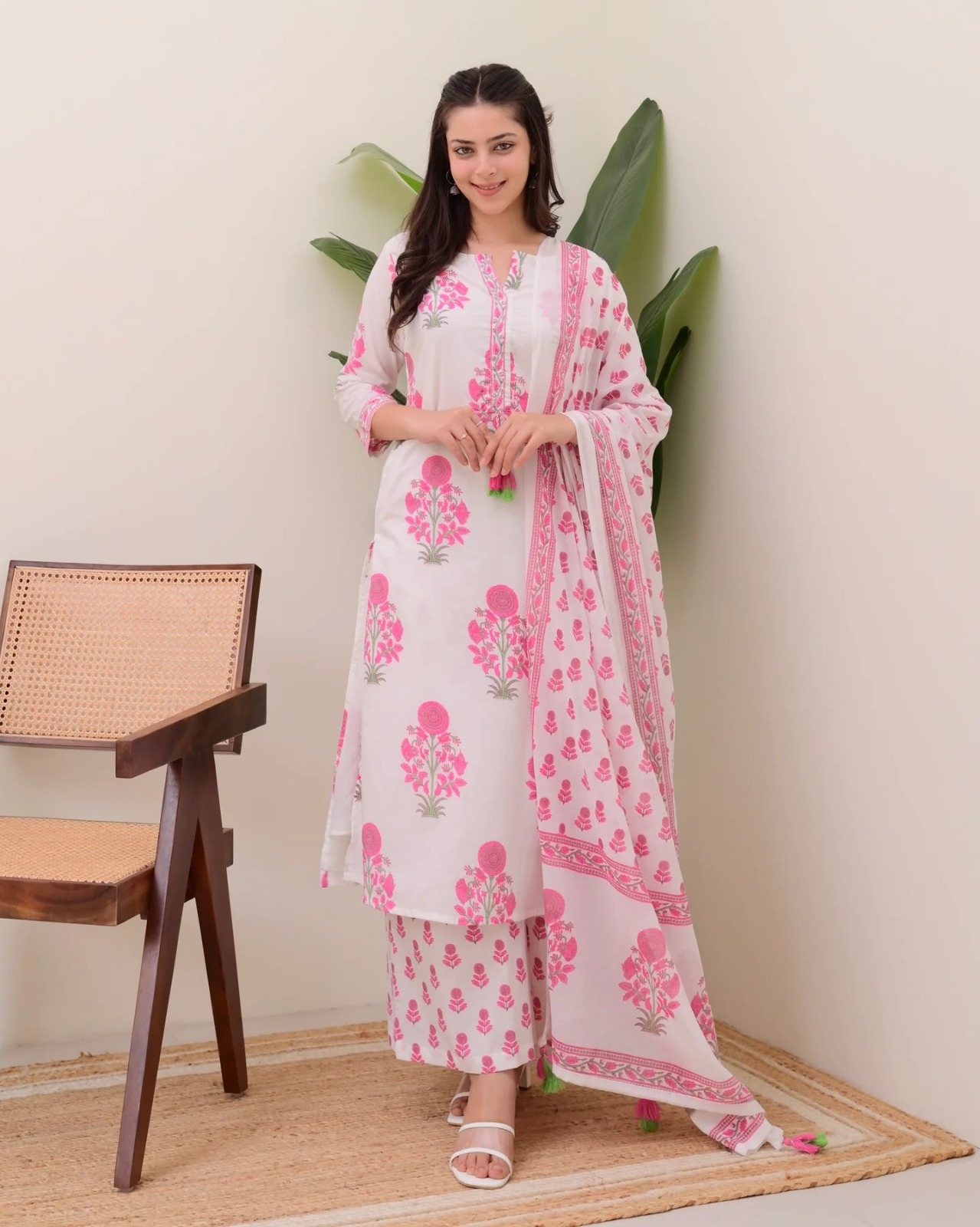 Printed cream salwar suit