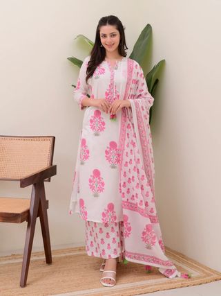 Cream Pink Printed Rayon Readymade Salwar Suit