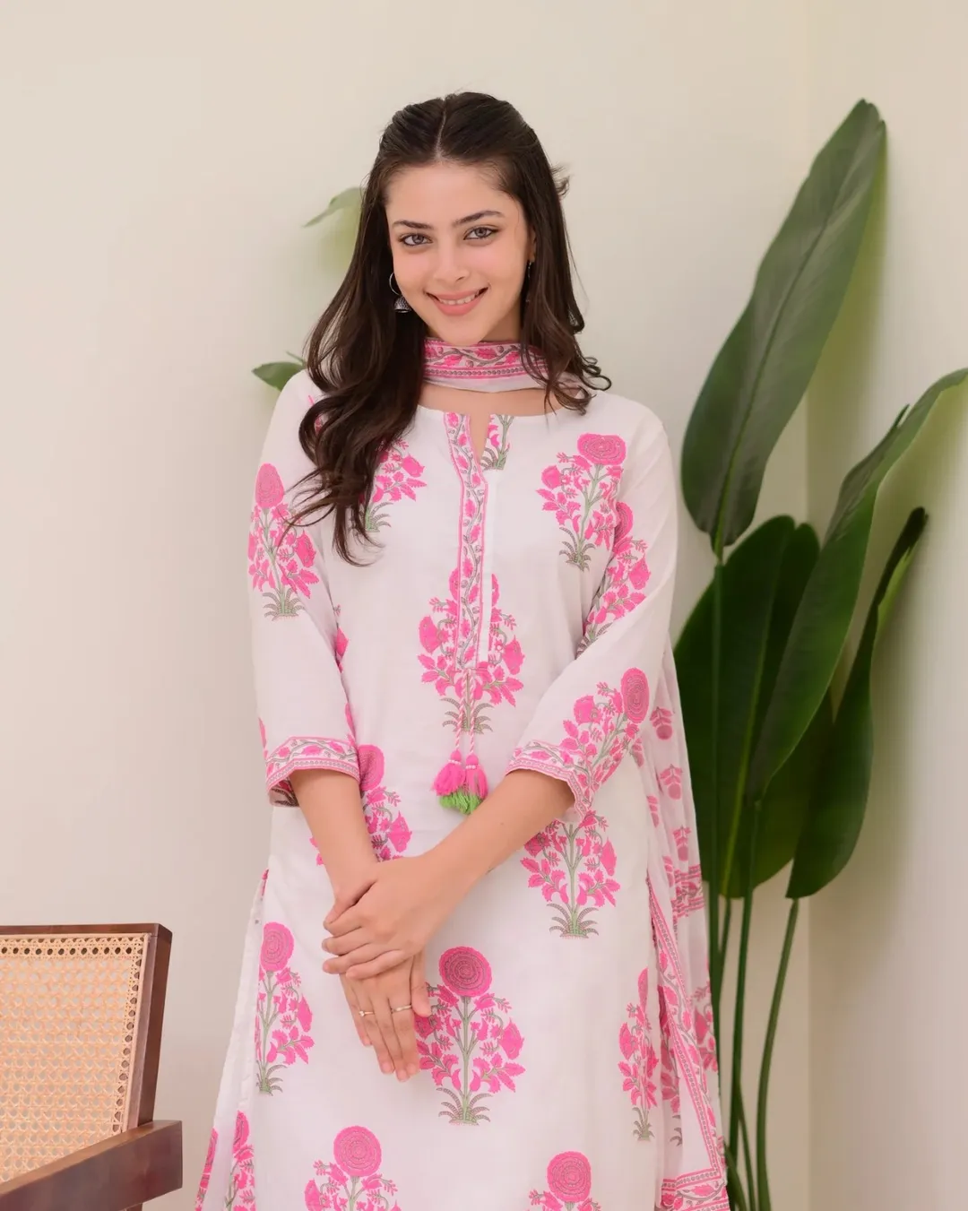 Cream Pink Printed Rayon Readymade Salwar Suit