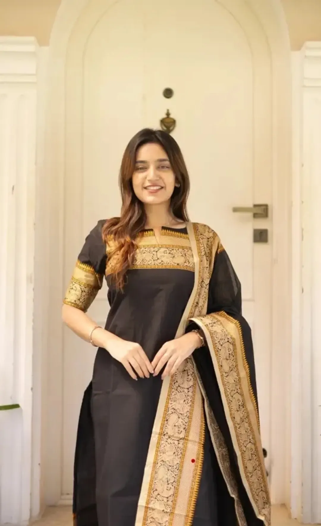 Black Jacquard Woven Kanchi Cotton Kurti Set