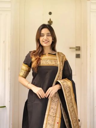 Black Jacquard Woven Kanchi Cotton Kurti Set