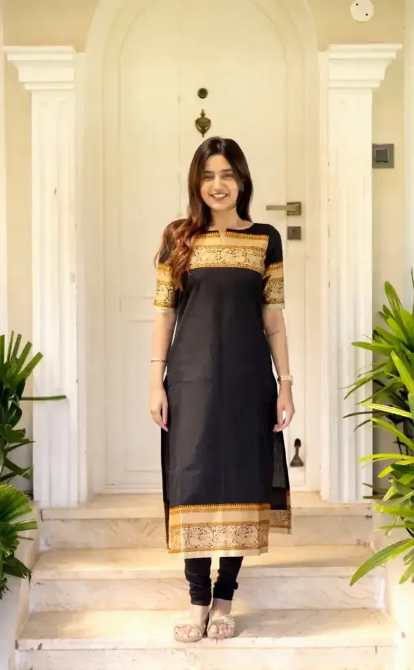 Black Jacquard Woven Kanchi Cotton Kurti Set
