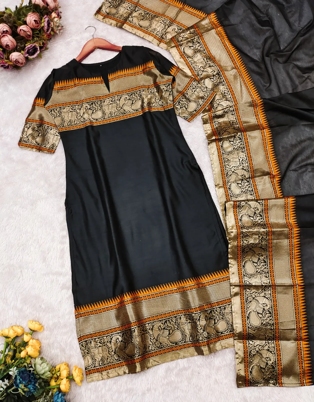 Black Jacquard Woven Kanchi Cotton Kurti Set
