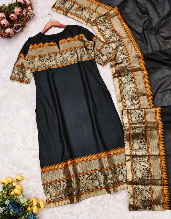 Black Jacquard Woven Kanchi Cotton Kurti Set