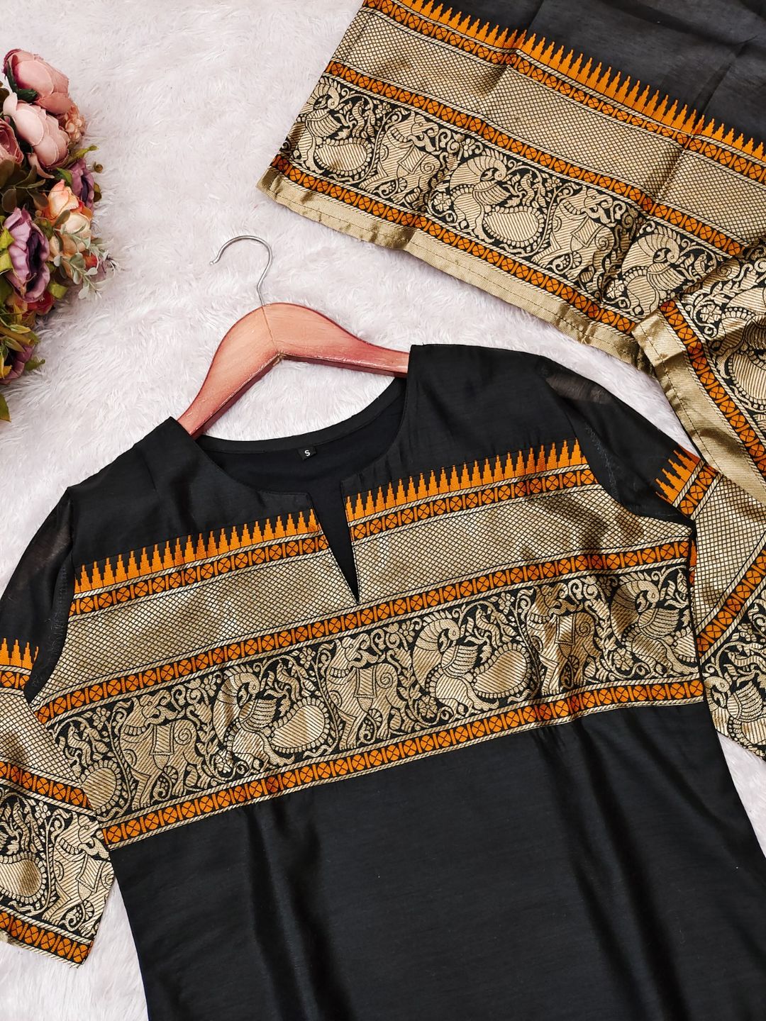 Black Jacquard Woven Kanchi Cotton Kurti Set