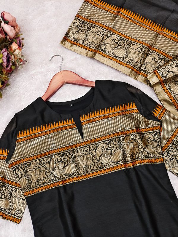 Black Jacquard Woven Kanchi Cotton Kurti Set