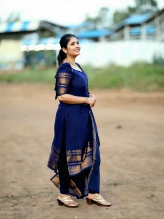 Blue Kanchi Cotton Jacquard Kurti Dupatta Set