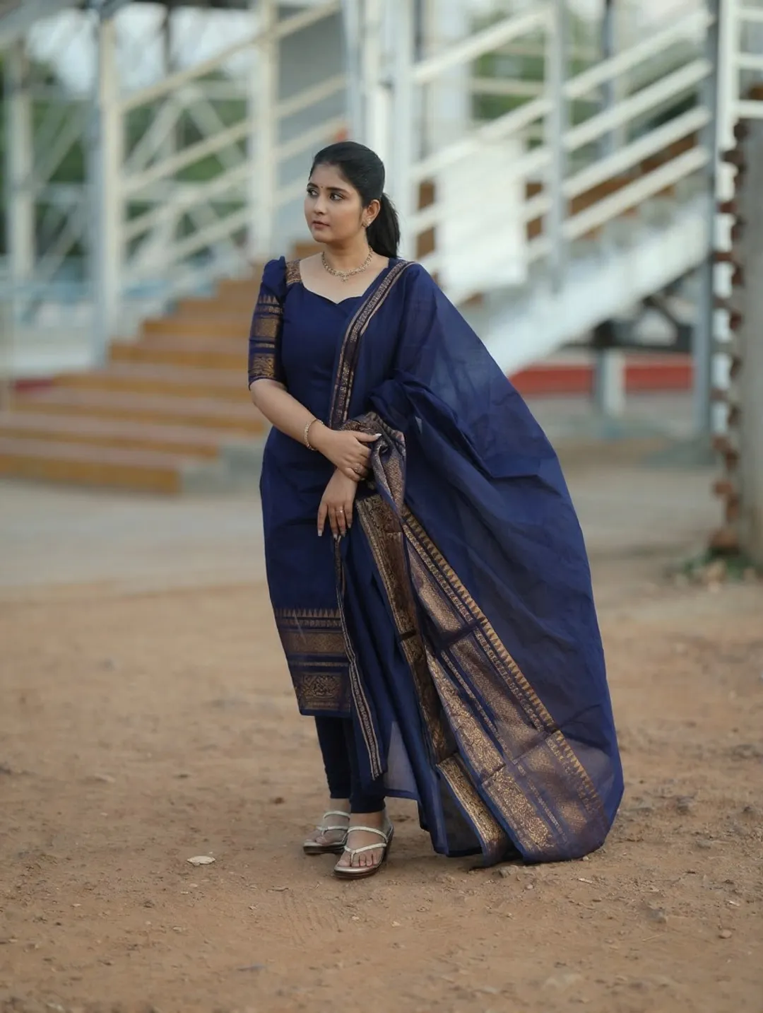 Blue Kanchi Cotton Jacquard Kurti Dupatta Set