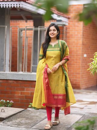 Yellow Jacquard Woven Kanchi Cotton Kurti Set