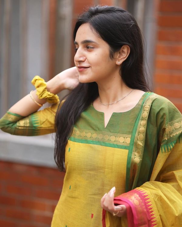 Yellow Jacquard Woven Kanchi Cotton Kurti Set
