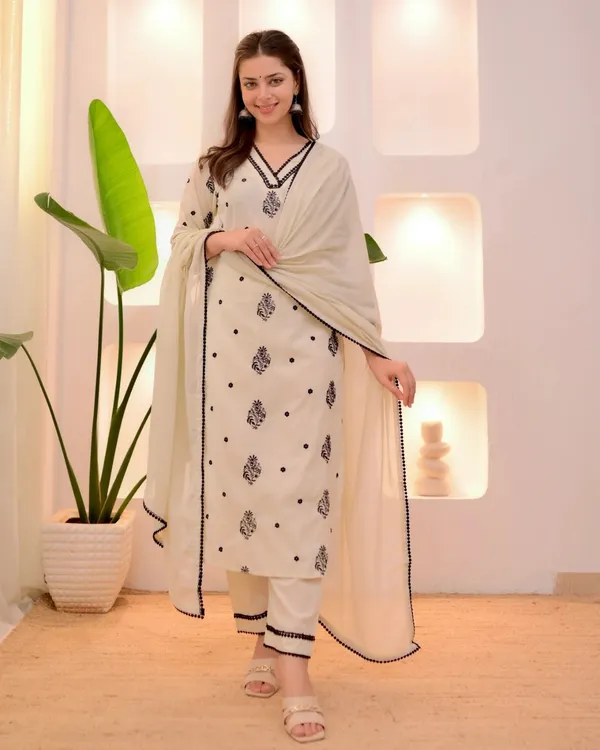 Cream Printed Straight Kurta Set with Dupatta