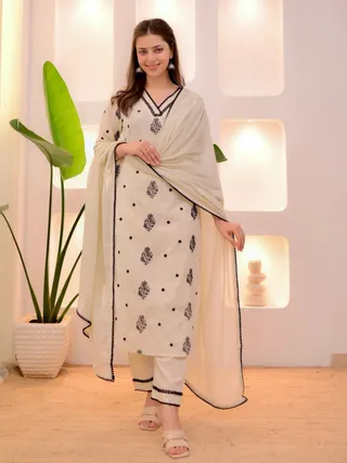 Cream Printed Straight Kurta Set with Dupatta