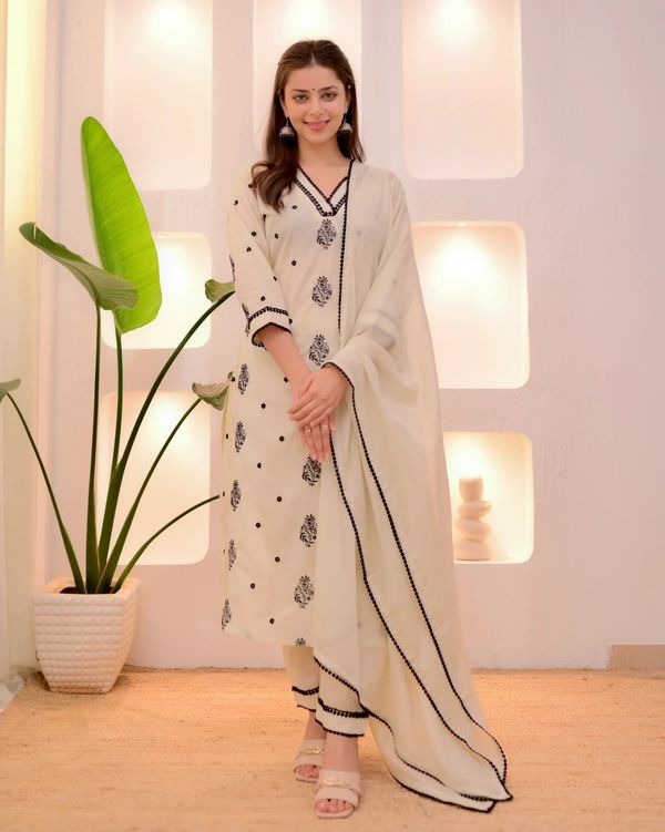 Cream Printed Straight Kurta Set with Dupatta