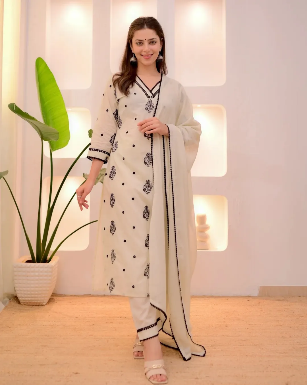Cream Printed Straight Kurta Set with Dupatta