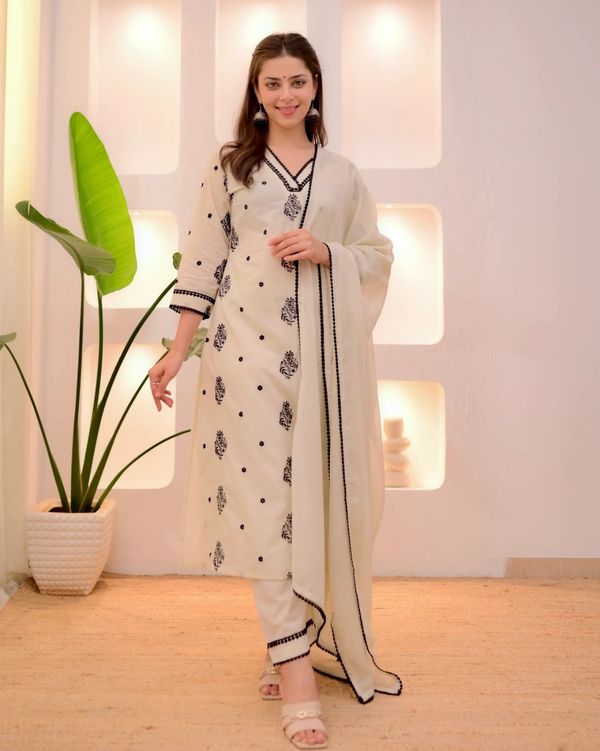 Cream Printed Straight Kurta Set with Dupatta