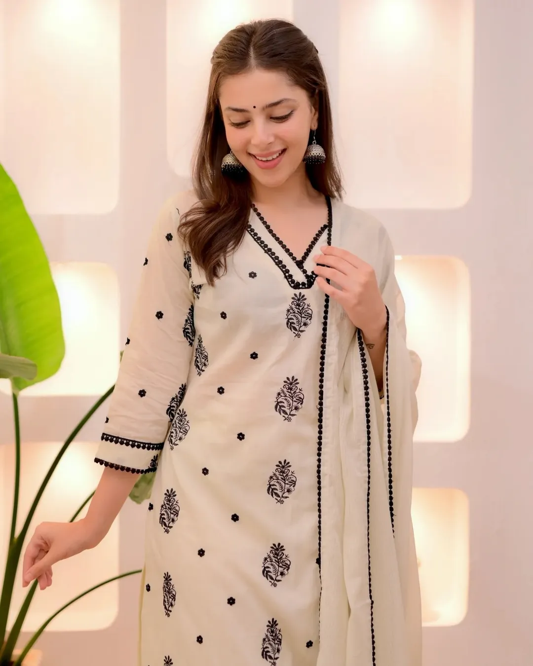 Cream Printed Straight Kurta Set with Dupatta