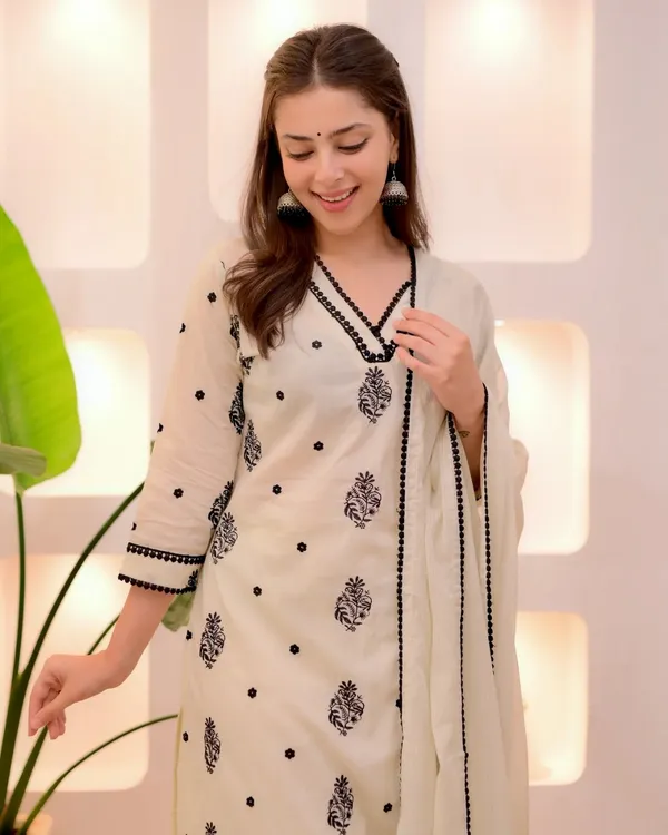 Cream Printed Straight Kurta Set with Dupatta