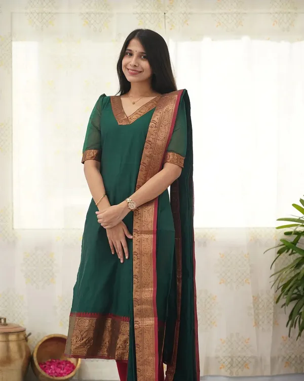 Kanchi Cotton Jacquard Woven Kurti Dupatta Set