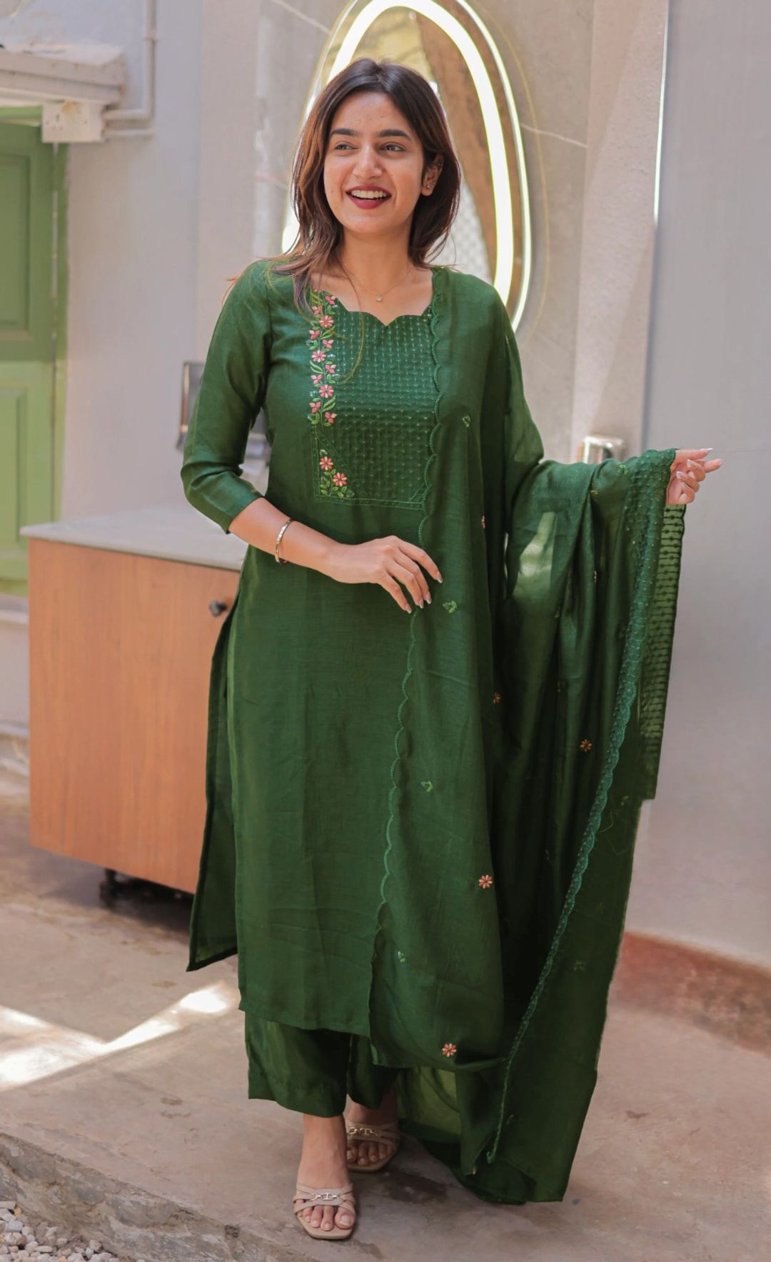 Vertical Cotton Straight Kurta Set with Dupatta