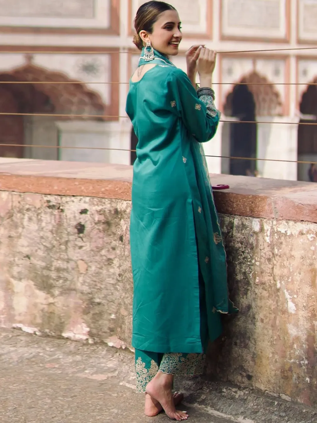 Rayon Slub Embroidered Kurta Pant Dupatta Set