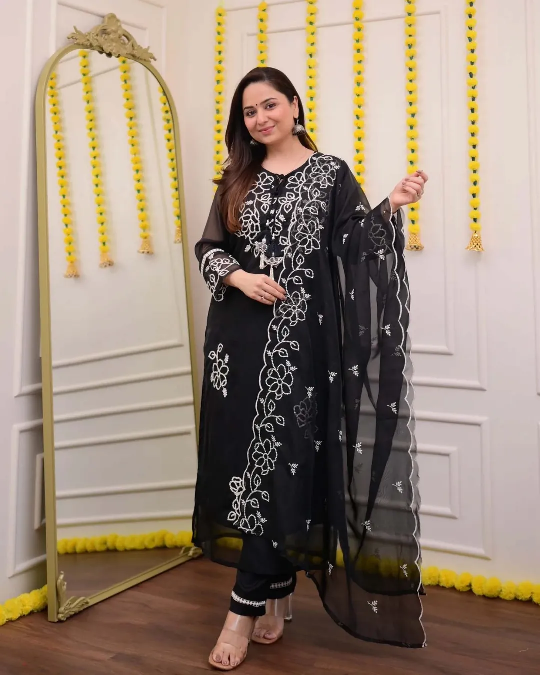 Black Georgette Embroidered Kurta Set for Women