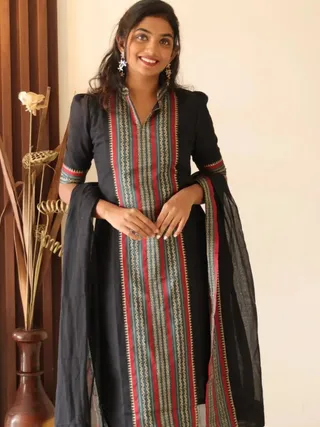 Black Kanchi Cotton Jacquard Kurti Dupatta Set
