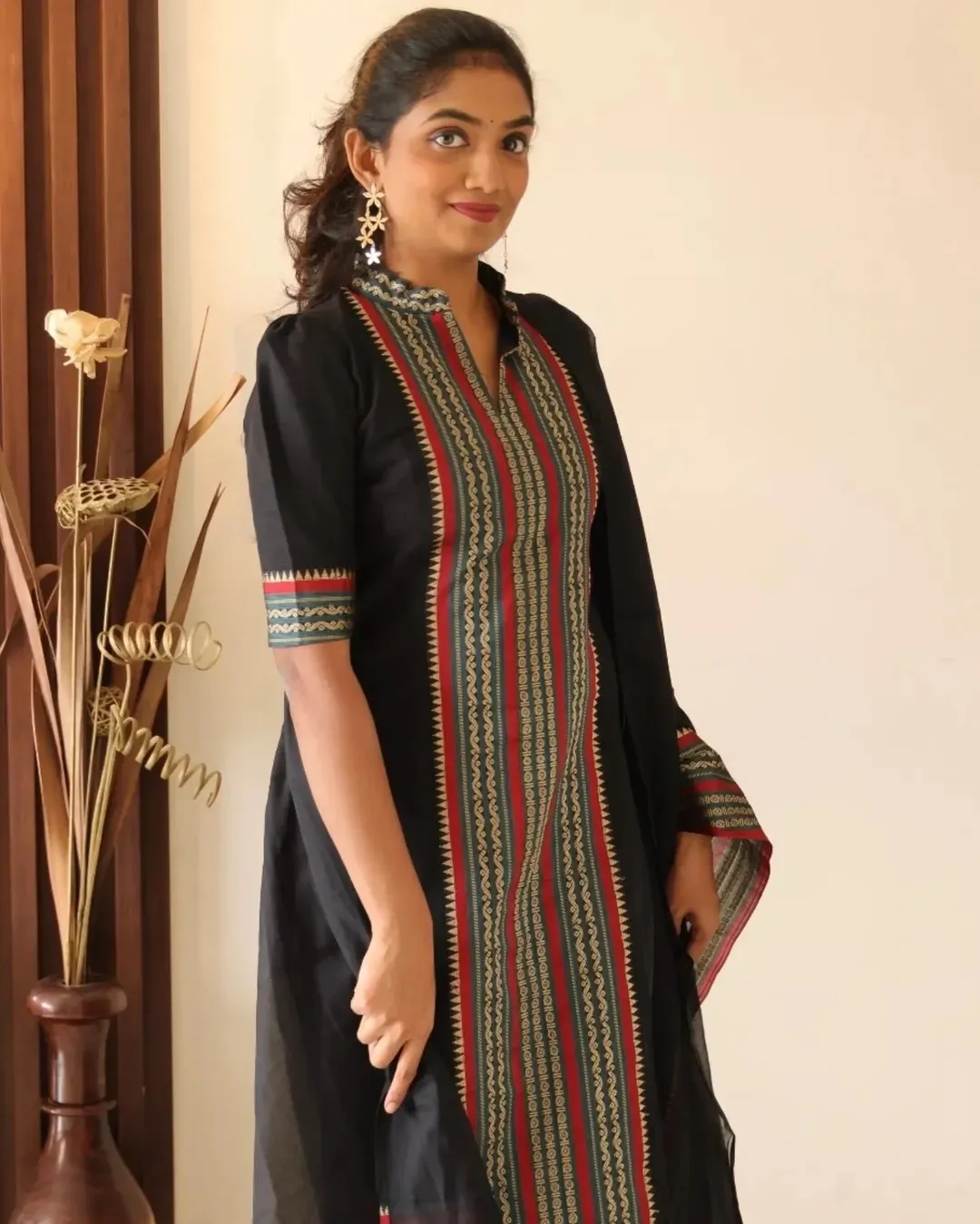 Black Kanchi Cotton Jacquard Kurti Dupatta Set