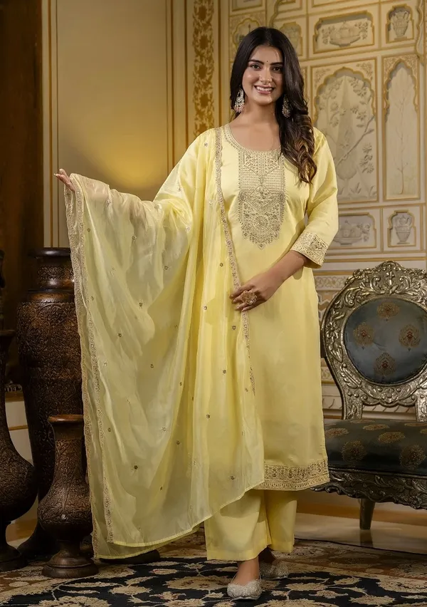 Yellow Embroidered Cotton Kurti Pant Set with Dupatta