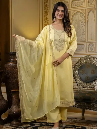 Yellow Embroidered Cotton Kurti Pant Set with Dupatta