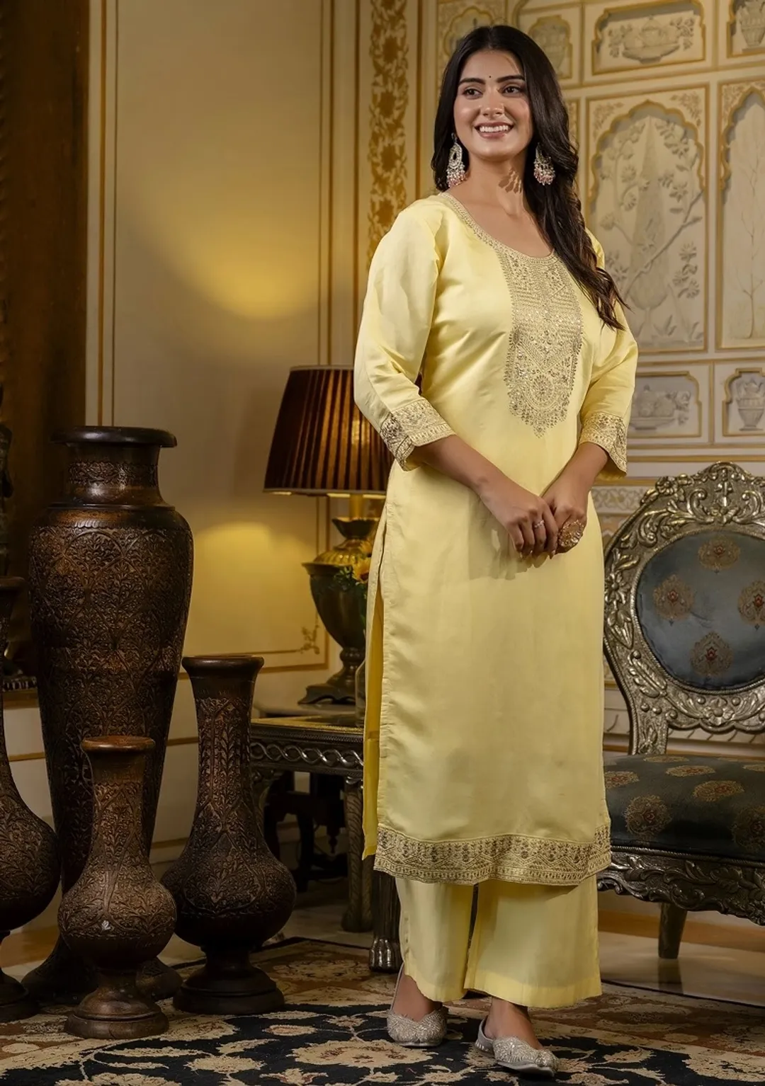 Yellow Embroidered Cotton Kurti Pant Set with Dupatta