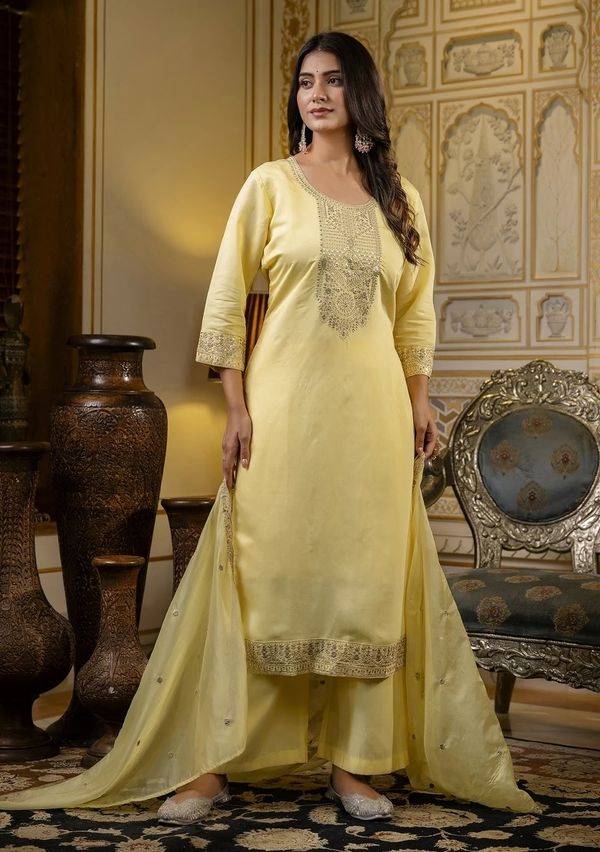Yellow Embroidered Cotton Kurti Pant Set with Dupatta