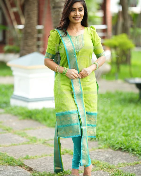Lime Green Kanchi Cotton Kurta Dupatta Set -