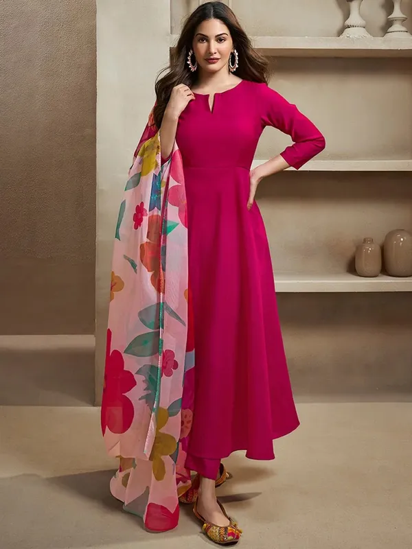 Pink Chanderi Cotton Kurti Pant Dupatta Set