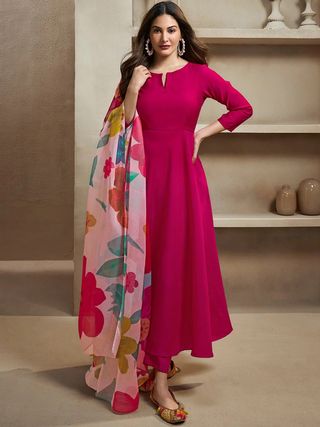 Pink Chanderi Cotton Kurti Pant Dupatta Set