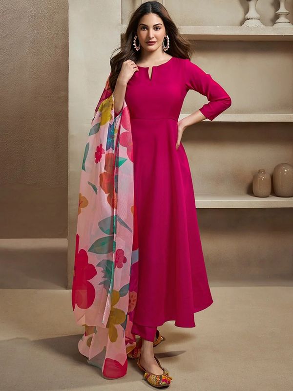 Pink Chanderi Cotton Kurti Pant Dupatta Set