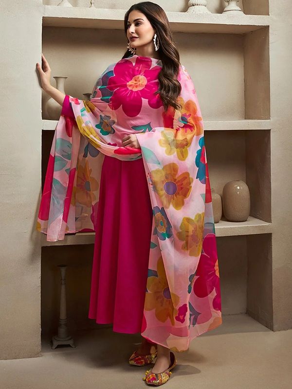 Pink Chanderi Cotton Kurti Pant Dupatta Set