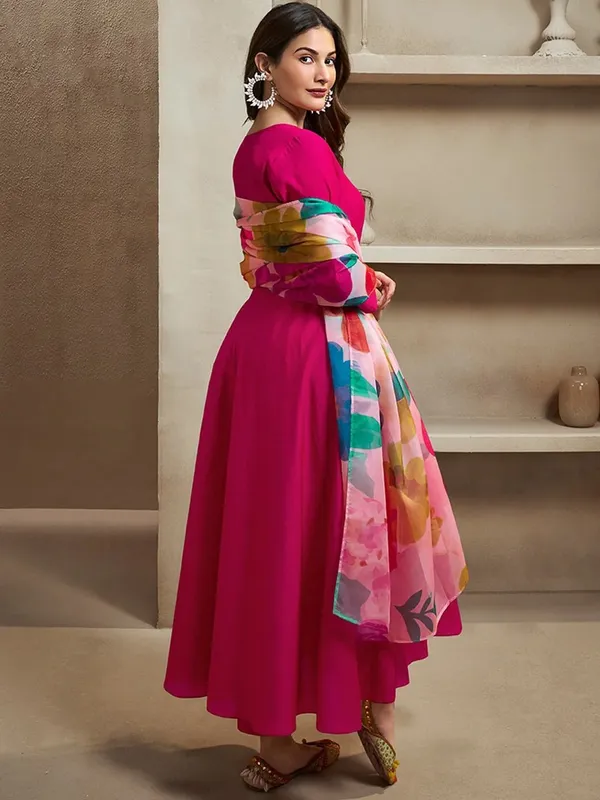 Pink Chanderi Cotton Kurti Pant Dupatta Set