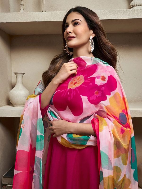 Pink Chanderi Cotton Kurti Pant Dupatta Set