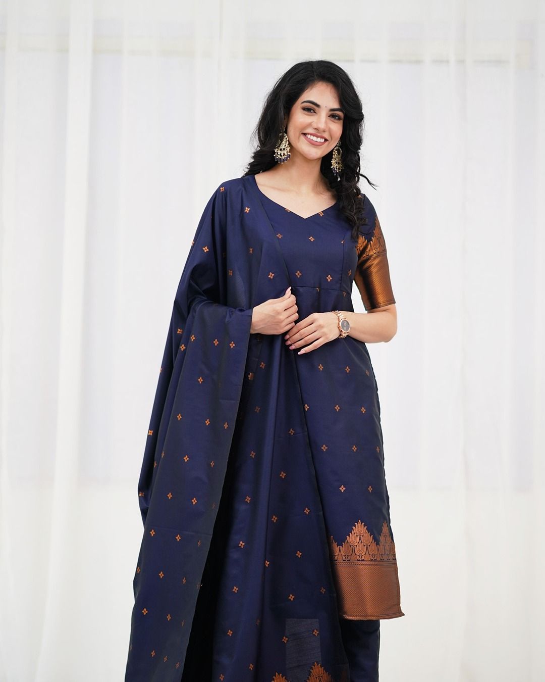 Navy Blended Silk Zari Kurti Pant Dupatta Set
