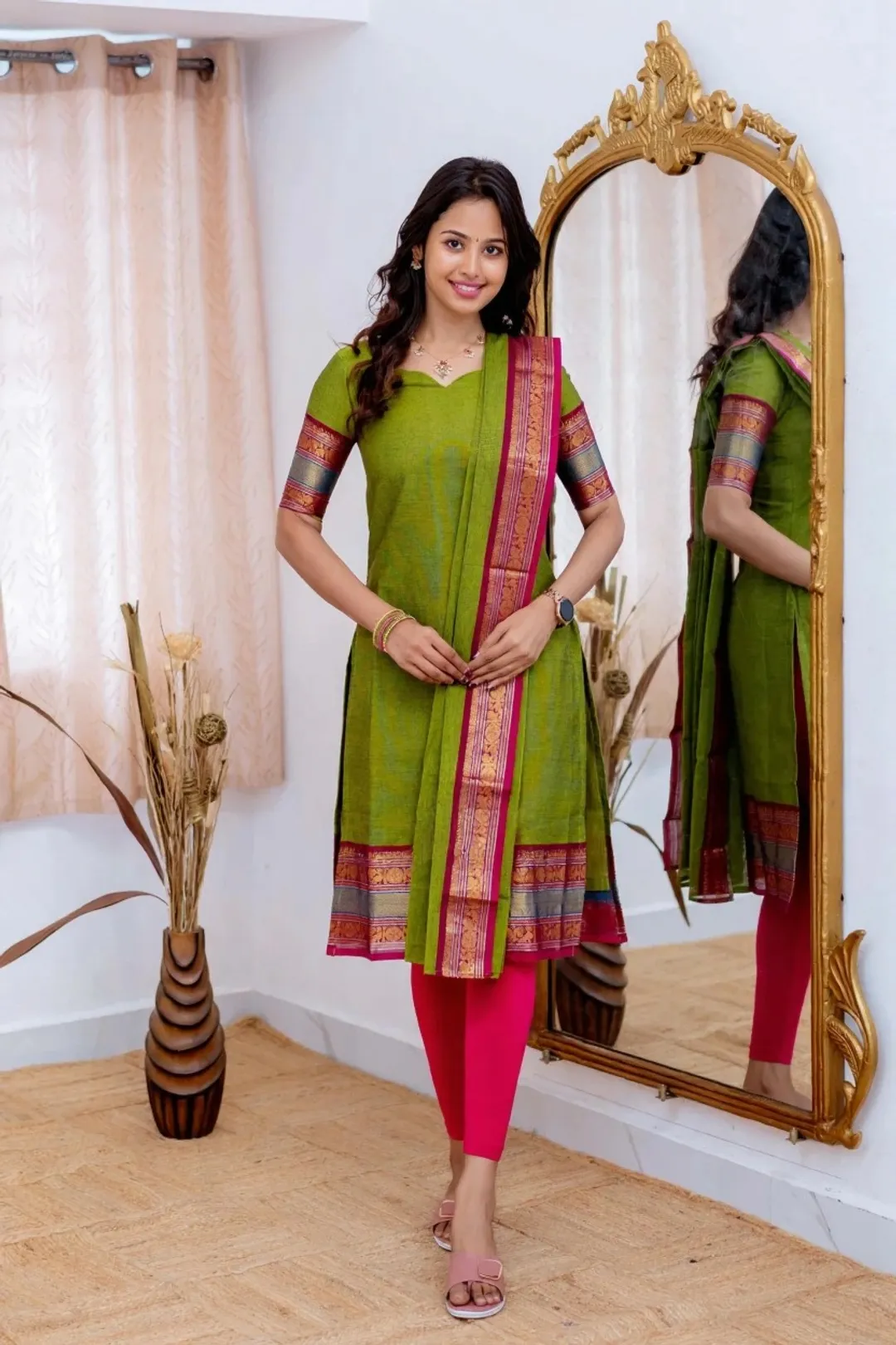 Parrot Kanchi Cotton Kurta Dupatta Set