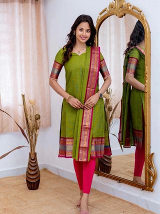 Parrot Kanchi Cotton Kurta Dupatta Set
