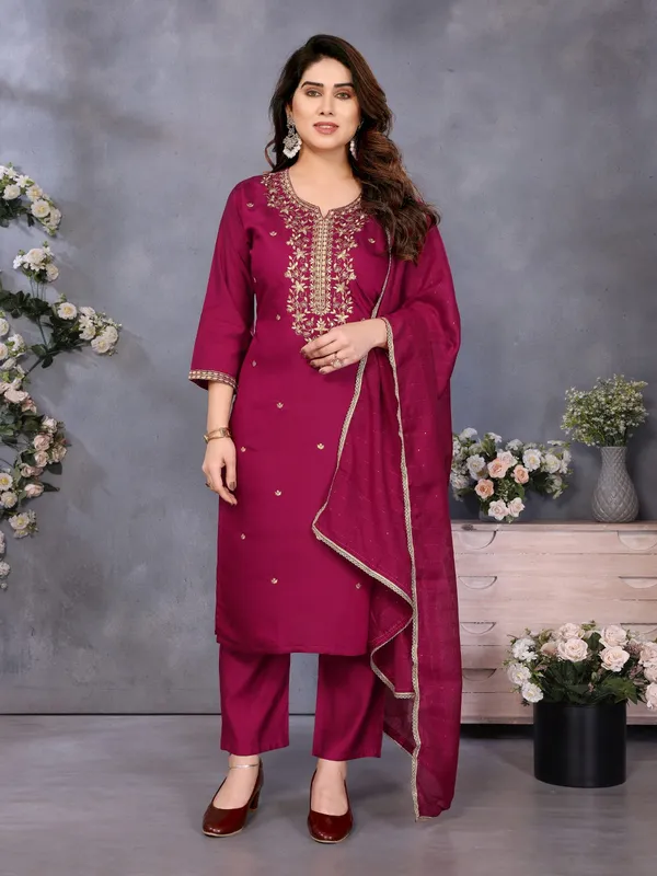 Magenta Chanderi Cotton Kurti Pant Dupatta Set