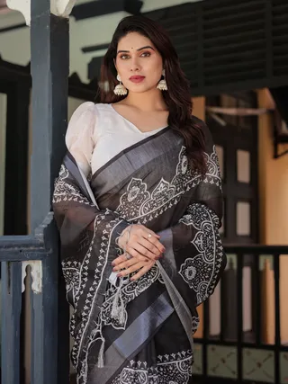 Black White Printed Pure Linen Saree with Tassels
