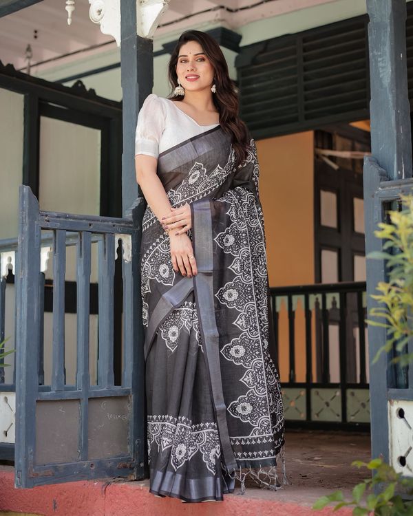 Black White Printed Pure Linen Saree with Tassels