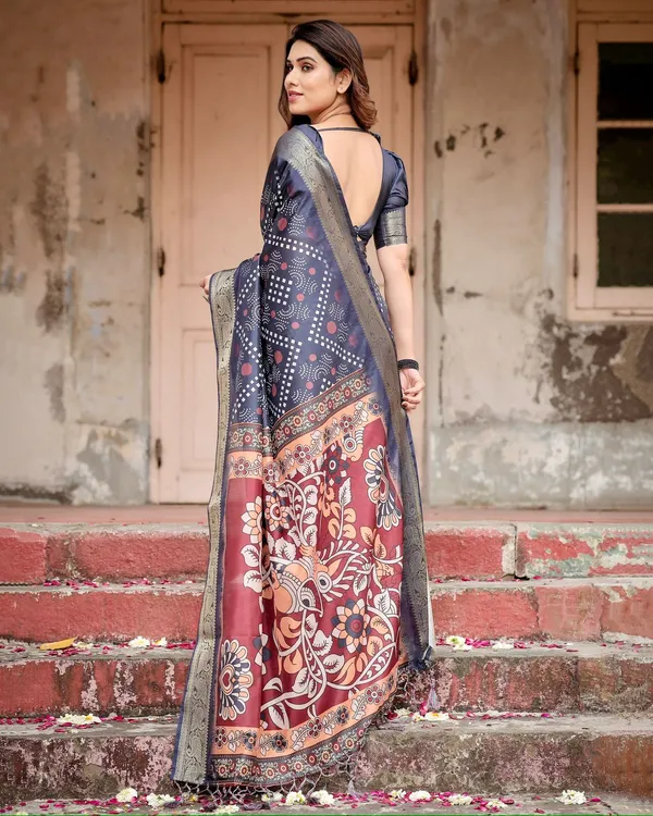 Navy Blue Printed Silk Saree With Blouse