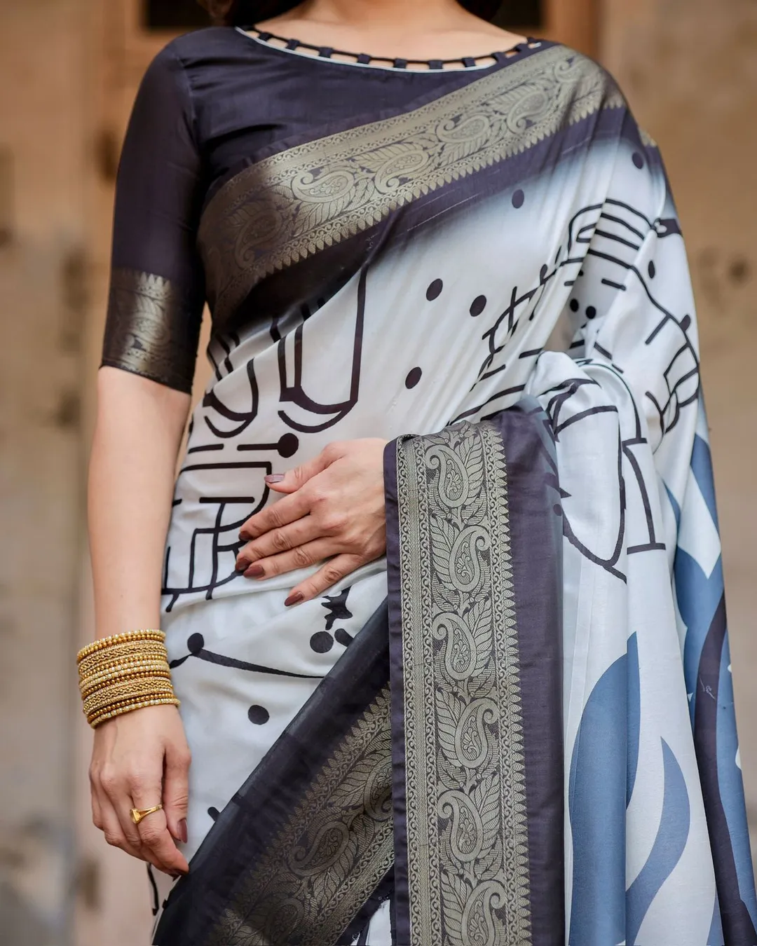 Black White Printed soft silk saree