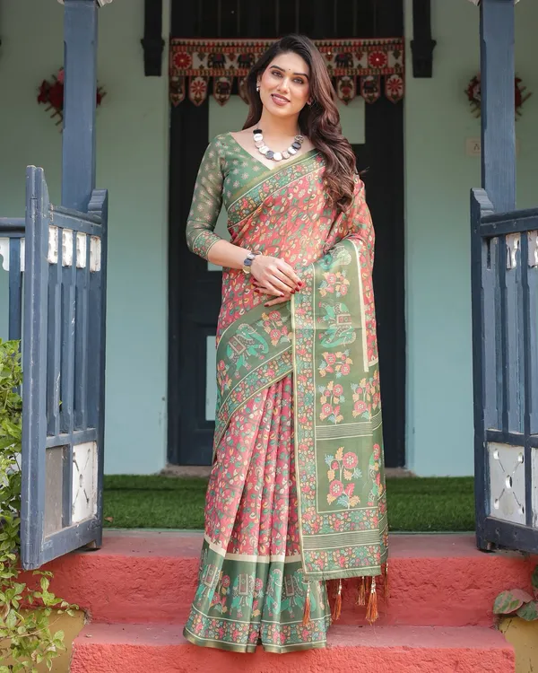 Green Pink Printed Handloom Saree With Blouse Piece